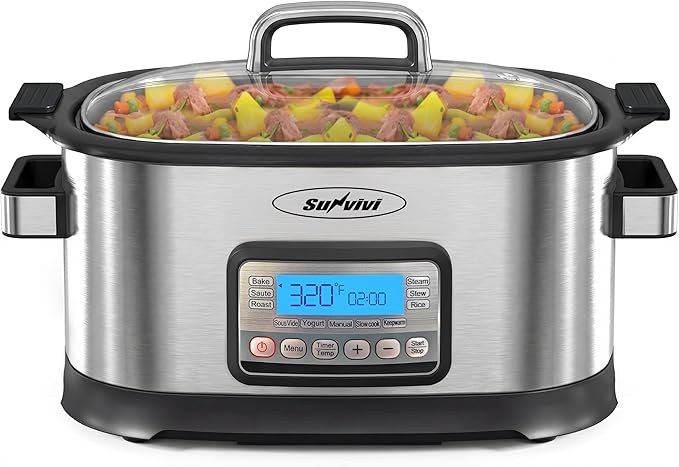 Sunvivi Slow Cooker Roaster Oven 6.5 Quart, 11 in 1 Programmable Multi-Cooker with Digital Timer, Temp Control, Keep Warm, Removable Nonstick Pot & Dishwasher-Safe Glass Lid, Sliver