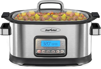 Sunvivi Slow Cooker Roaster Oven 6.5 Quart, 11 in 1 Programmable Multi-Cooker with Digital Timer, Temp Control, Keep Warm, Removable Nonstick Pot & Dishwasher-Safe Glass Lid, Sliver