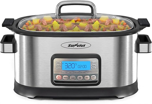 Sunvivi Slow Cooker Roaster Oven 6.5 Quart, 11 in 1 Programmable Multi-Cooker with Digital Timer, Temp Control, Keep Warm, Removable Nonstick Pot & Dishwasher-Safe Glass Lid, Sliver