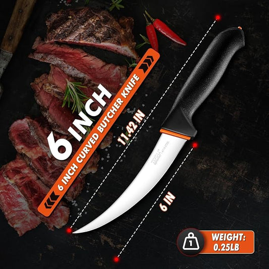 TIVOLI 6 Inch Curved Boning Knife - Butcher Knife with Ergonomic Non-Slip Softgrip & German Stainless Steel Razor Sharp Blade For Meat or Fish Deboning Filleting - Gift for Men Women