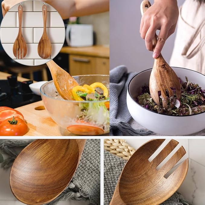 13-Inch Teak Wood Salad Serving Spoon Pack of 2, Wood Cooking Spoons, Large Wooden Spoons for Cooking, Large Serving Spoons, Teak Wooden Salad Spoon Set