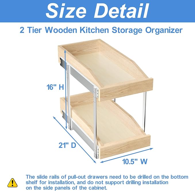 ROOMTEC 2 Tier Pull Out Cabinet Organizer, Double Tier Slide Out Wood Cabinet Organizer with U Bracket, Pull Out Drawers for Base Cabinet Organization in Kitchen, Pantry(10½"W x 21" D)