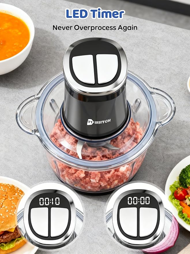 IRIITCH Food Processor with LED Timer, 800W Electric Chopper with 2 Bowls (12-cups Glass Bowl+12 cups Stainless Steel Bowl), 2 Set 6 Bi-Level S-Blades, Meat Grinder for Nuts, Onion, Garlic, Baby Food