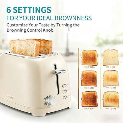 Ultrean Toaster 2 Slice with Extra-Wide Slot for Toasting Bagels, Breads, Waffles & More, Stainless Steel Material with Removable Crumb Tray, 6 Browning Settings