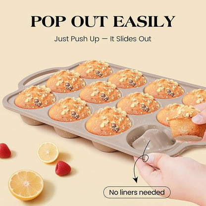 Vinino 2Packs Silicone Muffin Pans for Baking with Metal Reinforced Frame, 12 Cups Regular and 6 Cups Jumbo Nonstick Cupcake Pan, BPA Free Oven Dishwasher Safe Baking Mold for Muffins Cupcakes