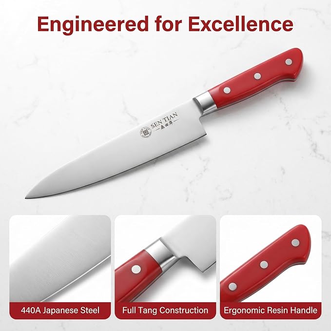 Japanese Chef Knife 9.5 inches,Professional Japanese Gyuto Knife with High Carbon Stainless Steel Blade with Red Ergonomic Handle for Household or Work