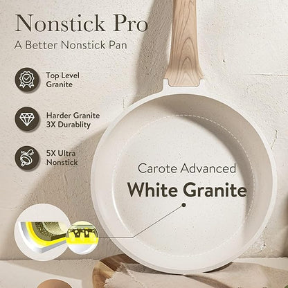 CAROTE Non Stick Frying Pan Skillet Set, Omelet Pan, Healthy Non Toxic Granite Chef Pan, Induction Compatible Egg Frying Pan with Heat-Resistant Handle, PFOA-Free,Cream White,8"+10"+12"