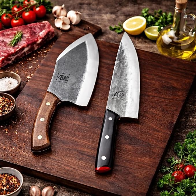 COOLINA Alpha Duo Knife Set - Lixy Cleaver & Tungsten XL Chef Knife, Hand-Forged High-Carbon Steel, Razor-Sharp, Full Tang, Ergonomic Handle