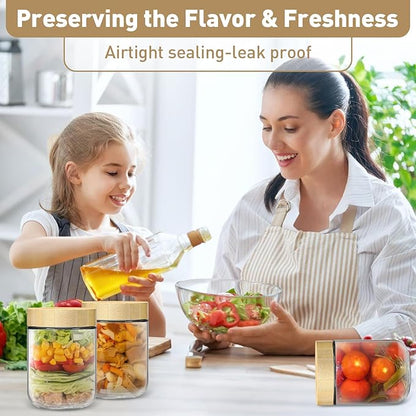 16oz Overnight Oats jars 4 Pack,Overnight Oats Containers with Bamboo Lids for Meal Prep,Wide mouth Mason Glass Salad Jars with Spoons,Glass Food Storage Container for Yogurt Chia Pudding Spice Sugar