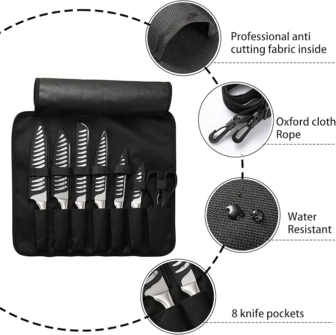 Knife Set Roll Bag, 8 Pieces German High Carbon Stainless Steel Chef Knives with Hollow Handle, with Portable Knife Roll Storage Bag, Blade Guards, Kitchen Shears for Outdoor Camping Travel