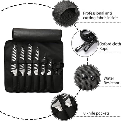 Knife Set Roll Bag, 8 Pieces German High Carbon Stainless Steel Chef Knives with Hollow Handle, with Portable Knife Roll Storage Bag, Blade Guards, Kitchen Shears for Outdoor Camping Travel