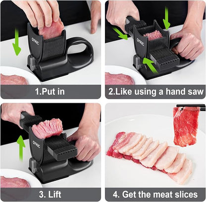 Fresh Meat Slicer with SteadyGrip, Thickness Adjustable 2 or 4 mm, 17 IN 1 Stainless Steel Manual Meat Cutter, Cleaver Kitchen Knife, Jerky Slicer Suit for Chicken Breast Beef Pork (Black)