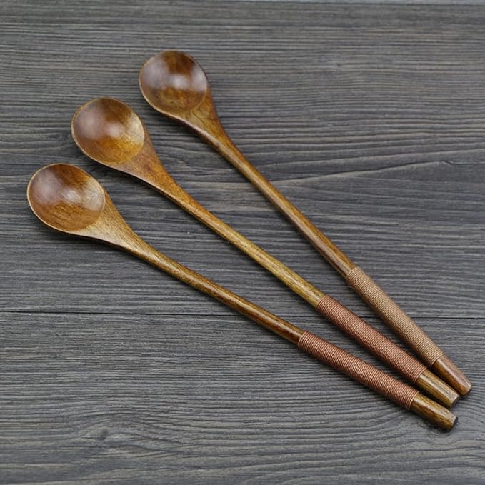 Brown Small Wooden Spoons, Small Soup Spoons Serving Spoons Wooden Teaspoon for Coffee Tea Jam Bath Salts Dessert Cake Ice Cream Antipasto Cappuccino, Cooking Utensils, Long Handle