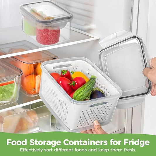 3 Pcs Fruit Storage Containers, Produce Savers with Lids for Fridge, Refrigerator Vegetable Containers with Draining Baskets, Airtight Food Keepers for Kitchen, Microwave Safe