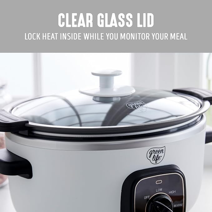 GreenLife 3.5QT Slow Cooker, PFAS-Free Non-Toxic Ceramic Nonstick Removable Interior Bowl, Programmable, Keep Warm, Stovetop & Oven Safe Pot, Dishwasher Safe Crock & Glass Lid, White
