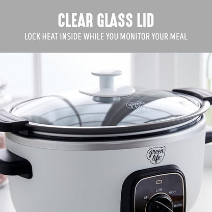 GreenLife 3.5QT Slow Cooker, PFAS-Free Non-Toxic Ceramic Nonstick Removable Interior Bowl, Programmable, Keep Warm, Stovetop & Oven Safe Pot, Dishwasher Safe Crock & Glass Lid, White