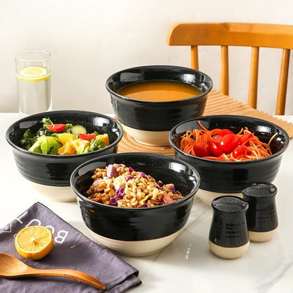 HASENSE Large Ceramic Soup Bowls Set of 4, 40 Oz Gloss Black Beige Stackable Stoneware Bowls, Farmhouse Bowls for Salad, Pasta, Ramen & Pho, Dishwasher & Microwave Safe
