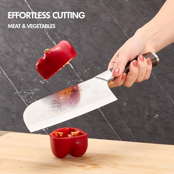 SHI BA ZI ZUO Meat Cleaver Set Chinese Style Patterns 7.09”&6.97" Chef Knife Stainless Steel Professional Kitchen Cleaver And Santoku Knife (Kitchen Knife Set 2 Pcs)