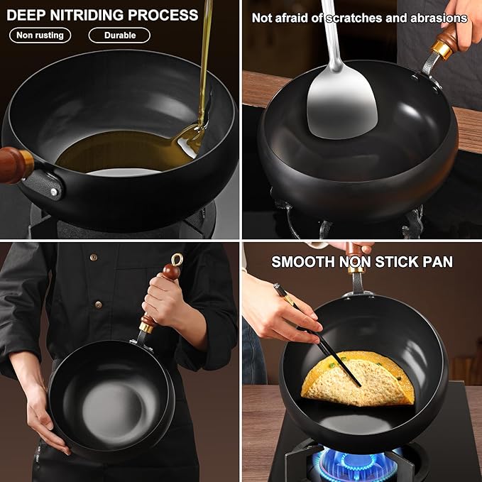 Carbon Steel Wok Pan, 8.7 INCH Nonstick Pre-Seasoned Woks & Stir-Fry Pans with Lid, No Chemical Coating Wok Flat Bottom Small Handmade Chinese Wok for Induction, Gas, Electric & All Stoves
