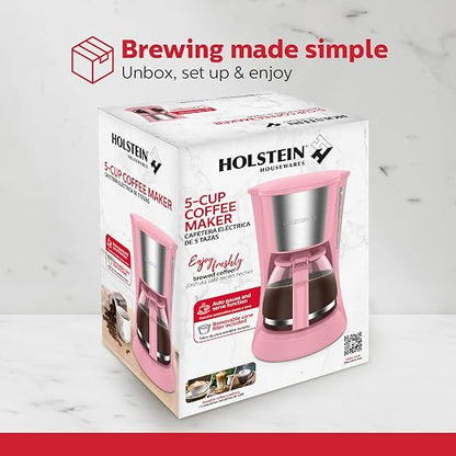 Holstein Housewares 5 Cup Drip Coffee Maker – Compact and User-Friendly with Auto Pause & Serve, Reusable Filter, Measuring Spoon & Glass Carafe, Office & Dorm Use, Pink