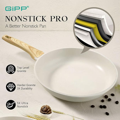 GiPP Nonstick Frying Pan Skillet - 11" White Granite Non Stick Pans, Omelette Pan with Heat-Resistant Handle, Compatible with All Stovetops, PFOA Free