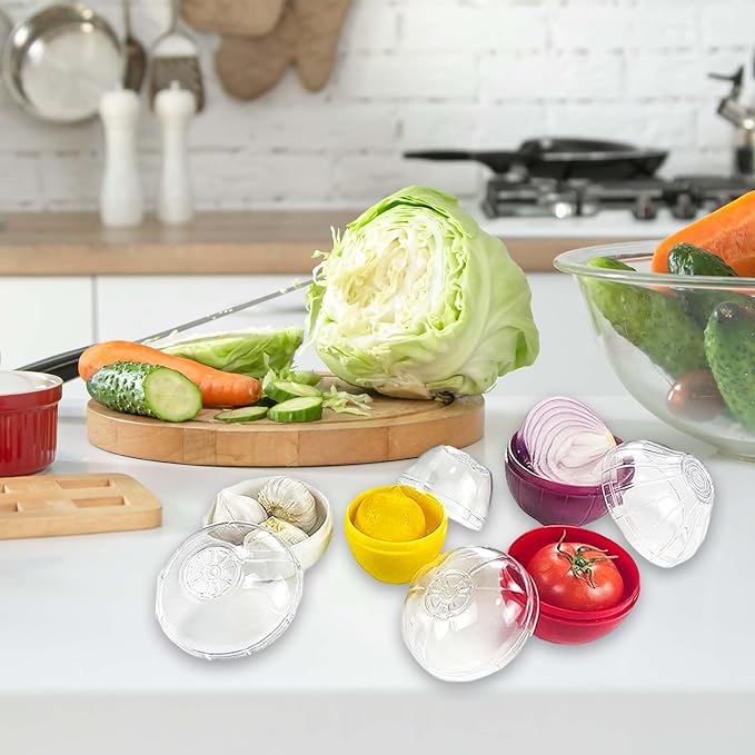 4PCS Lemon, Garlic, Tomato and Onion Storage Containers with Peeler, Freshness Keepers for Onion, Tomato, Garlic and Lemon, Ideal for Fridge Vegetable Crisper, Keeps Food Fresh Longer