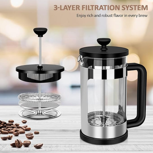 RAINBEAN French Press Coffee Maker 12 Oz, Mini Coffee Press 1 Cup, Single Serve French Press, With 3 Filterations, Heat Resistant Thickness Borosilicate Glass, Coffee Brewer Tea Press