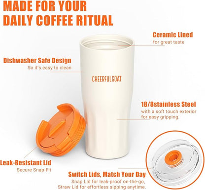 CHEERFUL GOAT Ceramic Lined Coffee Travel Tumbler – Stainless Steel Travel Coffee Tumbler with Ceramic Liner, with lid, 21 OZ Cup for Hot and Cold Water Coffee at Home, Office, or On the Go (White)