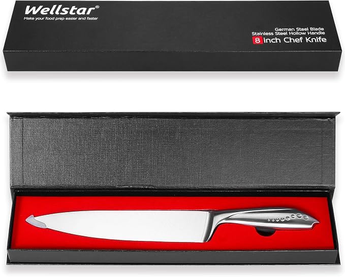 WELLSTAR Chef Knife 8 Inch, Razor Sharp German Stainless Steel Blade with Comfortable SS Hollow Finger Guard Handle for Kitchen Meat Sushi Vegetable Fruit Cutting Slicing Dicing, Gift Box