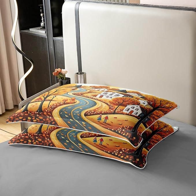 Castle Fairy 100% Cotton Fall Countryside Bedding Set King Maple Leaves Tree Duvet Cover for Bedroom Decor Autumn Landscape Comforter Cover (Not Comforter),3 Pcs