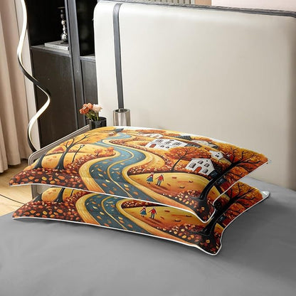 Castle Fairy 100% Cotton Fall Countryside Bedding Set King Maple Leaves Tree Duvet Cover for Bedroom Decor Autumn Landscape Comforter Cover (Not Comforter),3 Pcs