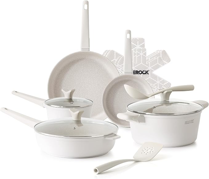THE ROCK SOHO 15Pcs Ceramic Cookware Set – Non toxic Pots and Pans Set Non Stick with ROCK.TEC – Nothing Sticks, Never Warps, Lasts Longer, PTFE PFOA & PFAS Free, Induction & Dishwasher Safe, Cream