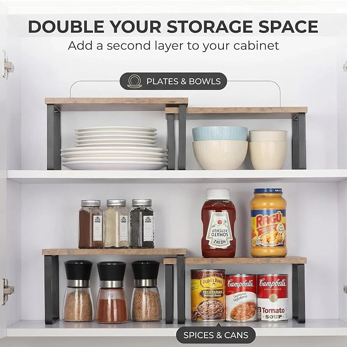 Kitchen Cabinet Organizer Shelf, Set of 2 Stackable Spice Rack Storage, Heavy Duty Metal & Wood Countertop Display Stand for Seasoning Bottles, Jars & Pantry Essentials（Brown）