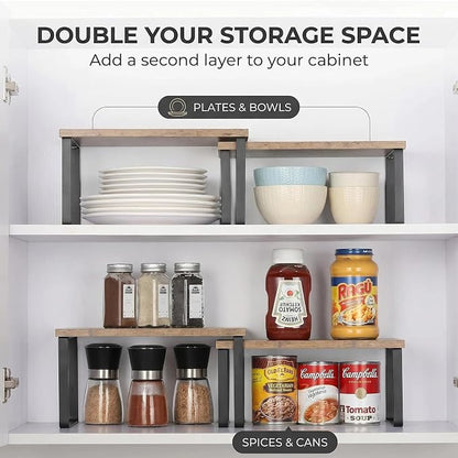 Kitchen Cabinet Organizer Shelf, Set of 2 Stackable Spice Rack Storage, Heavy Duty Metal & Wood Countertop Display Stand for Seasoning Bottles, Jars & Pantry Essentials（Brown）