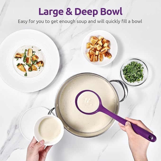 13 inch Silicone Soup Ladle: U-Taste 600ºF Heat Resistant 4 oz Large Non-stick Seamless Rubber Kitchen Deep Serving Spoon with Non-slip Solid Long Handle for Cooking Sauce/Stews/Gravies/Chili(Purple)