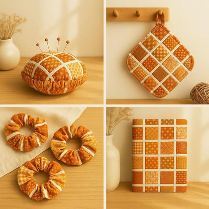 Cotton Satin Patchwork Fabric Panel – 35 Designs, 20×20 cm Squares, Single Piece 150×110 cm, Terracotta Orange Quilt Fabric(Sunset Orange Floral Patchwork Set, 35pcs 8x8 inch)