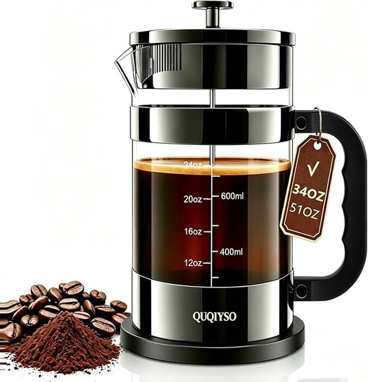 French Press Coffee Maker, 304 Stainless Steel French Press with 4 Filter, Heat Resistant Durable, Easy to Clean, Borosilicate Glass Coffee Press, 100% BPA Free Glass Teapot, 34oz, Dark Pewter