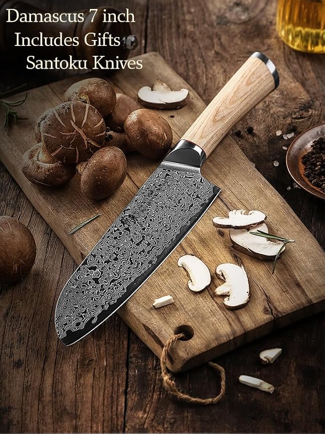 DONGSUN 7 Inch Damascus Santoku Knife with North American Black Walnut Sheath, 67-Layer VG10 Forged Steel Japanese Kitchen Knife, Professional Durable Sharpness