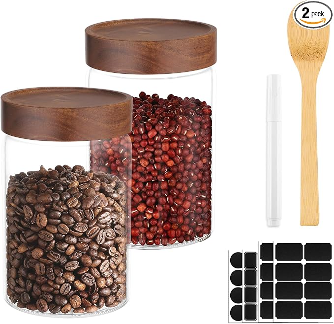 Glass Jars with Airtight Lids, 2 Pack 29oz Glass Mason Jars with Wood Lids, Wooden Screw-on Top Coffee and Sugar Containers for Pantry Storage, Tea, Cereal, Oats, Flour, Cookie, Candy