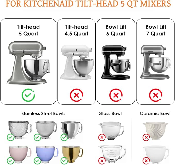 Silicone Bowl Liners for KitchenAid 5 Qt Tilt-Head Mixer, Silicone Bowl Insert for KitchenAid 5 Quart Mixer, Included 3 Liners with 3 Lids (For 5 Qt Tilt-head)