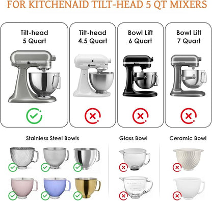 Silicone Bowl Liners for KitchenAid 5 Qt Tilt-Head Mixer, Silicone Bowl Insert for KitchenAid 5 Quart Mixer, Included 3 Liners with 3 Lids (For 5 Qt Tilt-head)