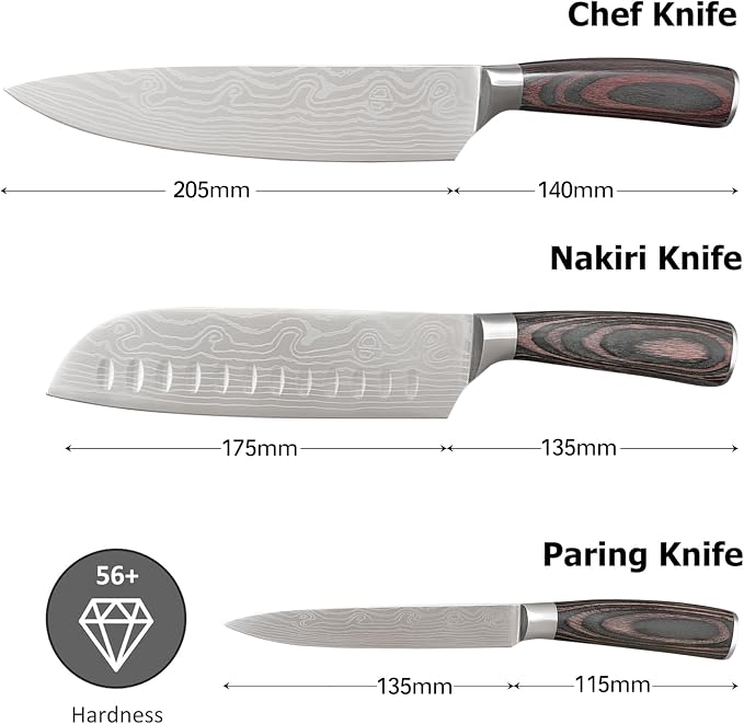 3 Piece Set of Professional Chef Knives, Forged From High Carbon Stainless Steel, with Extremely Sharp Blades and Ergonomic wooden Handles to Meet Various Cutting Needs (Kitchen Knife Set 3 Pcs)