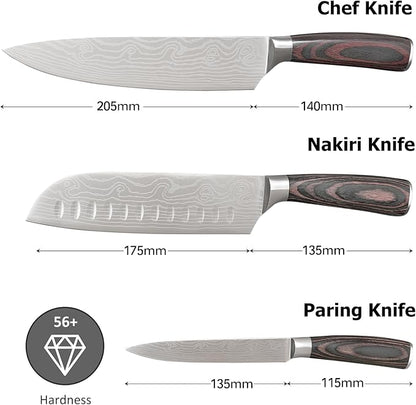 3 Piece Set of Professional Chef Knives, Forged From High Carbon Stainless Steel, with Extremely Sharp Blades and Ergonomic wooden Handles to Meet Various Cutting Needs (Kitchen Knife Set 3 Pcs)