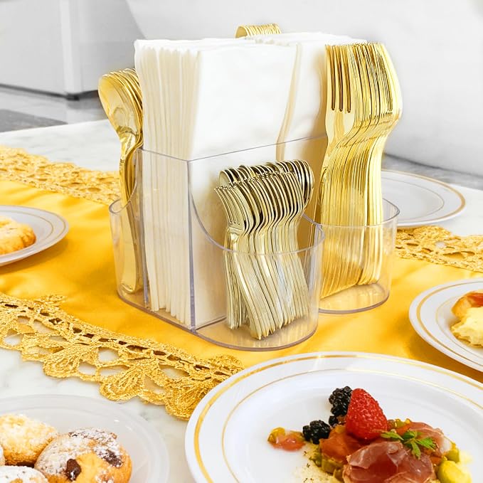 Cutlery Holder for Party - 5 Compartment Cutlery Organizer & Napkin Holder Silverware Caddy Clear with 120 Pcs Gold Plastic Spoons Disposable Forks Knives & Dinner Napkins for Party