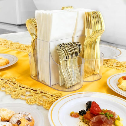 Cutlery Holder for Party - 5 Compartment Cutlery Organizer & Napkin Holder Silverware Caddy Clear with 120 Pcs Gold Plastic Spoons Disposable Forks Knives & Dinner Napkins for Party
