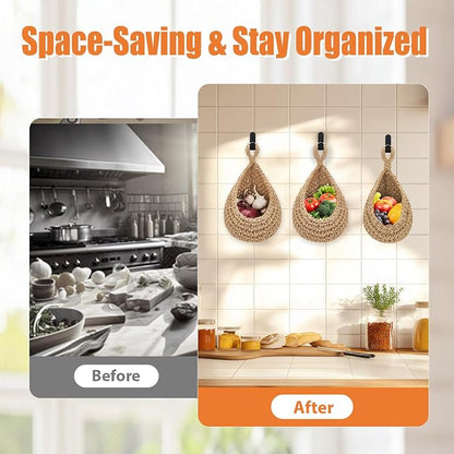 Hanging Fruit Baskets for Kitchen, 3 Pack Boho Hanging Wall Basket with 6 Pcs Strong Hooks, Teardrop Storage Baskets for Fruits, Vegetables, Onion - Decorative Organizing Wall Baskets for Home