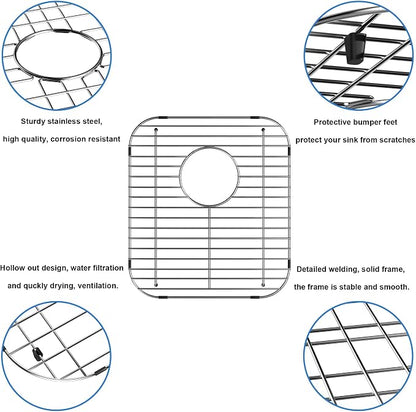 Sink Bottom Grid Protector 13.2"L X 11.6"W, Stainless Steel Sink Grate for Kitchen, Universal Metal Sink Drying Rack with Rear Drain for Double Bowl Sink, 2PCS