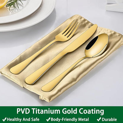 24-Piece Gold Silverware Set with Steak Knives,Golden Flatware Sets Service For 4 Person For Home,Party,Restaurant,Durable Cutlery Sets,Includes Knife Spoon and Forks Sets