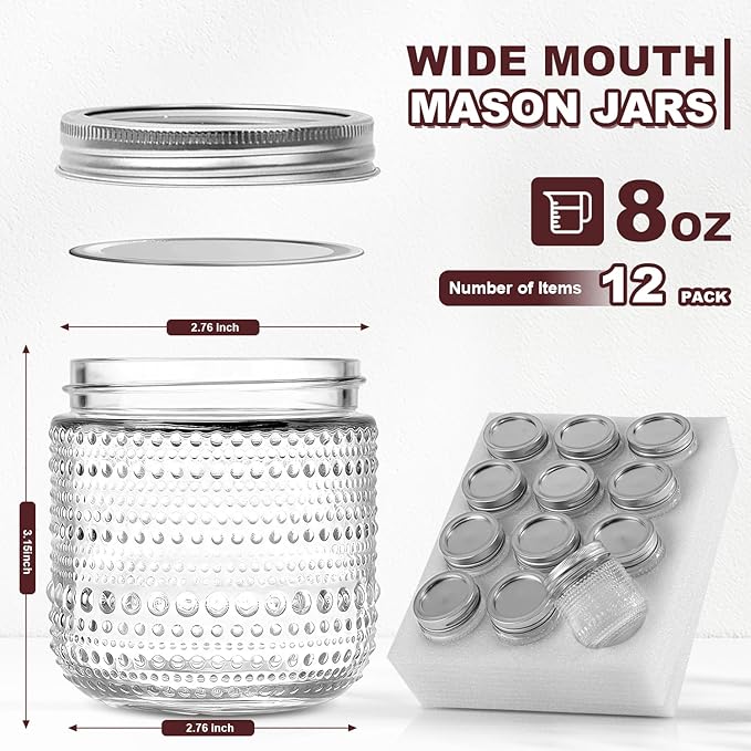 8 oz Mason Jars With Lids,12 Packs Small Mason Jars, Half Pint Glass Canning Jars for Jams, Jelly, Sauces, Desserts, chia pudding, Pickle, Gift