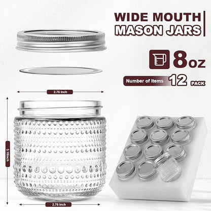 8 oz Mason Jars With Lids,12 Packs Small Mason Jars, Half Pint Glass Canning Jars for Jams, Jelly, Sauces, Desserts, chia pudding, Pickle, Gift
